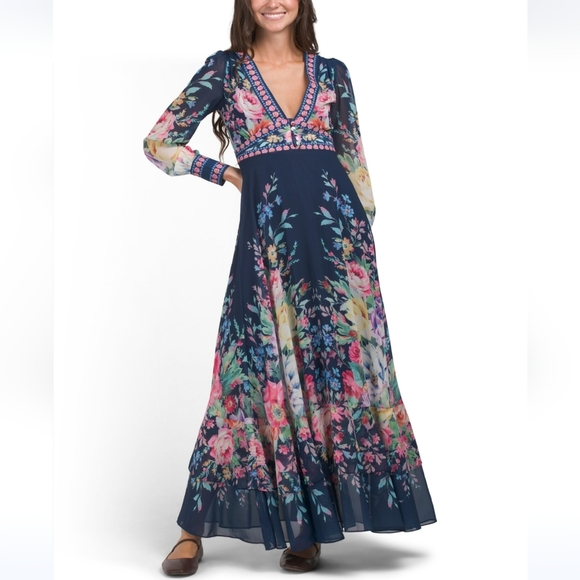 Dalia Macphee | Dresses | Dalia Macphee Long Sleeve Floral Border Print ...